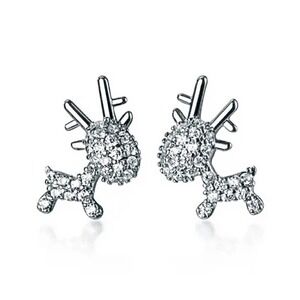 Silver Plated Rhinestone Reindeer Earring Pair